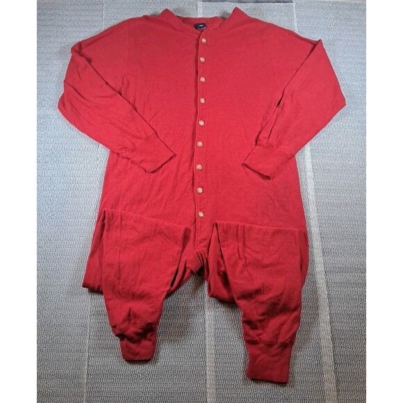 Vintage Duofold Button Front Union Suit Holiday Pajama Christmas Cozy Size L Red - Picture 1 of 5
